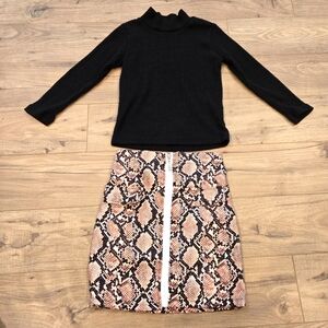 NWOT Girls Ribbed Mock Neck‎ Top & Snakeskin Print Zip Up Skirt Set Size (5/6)